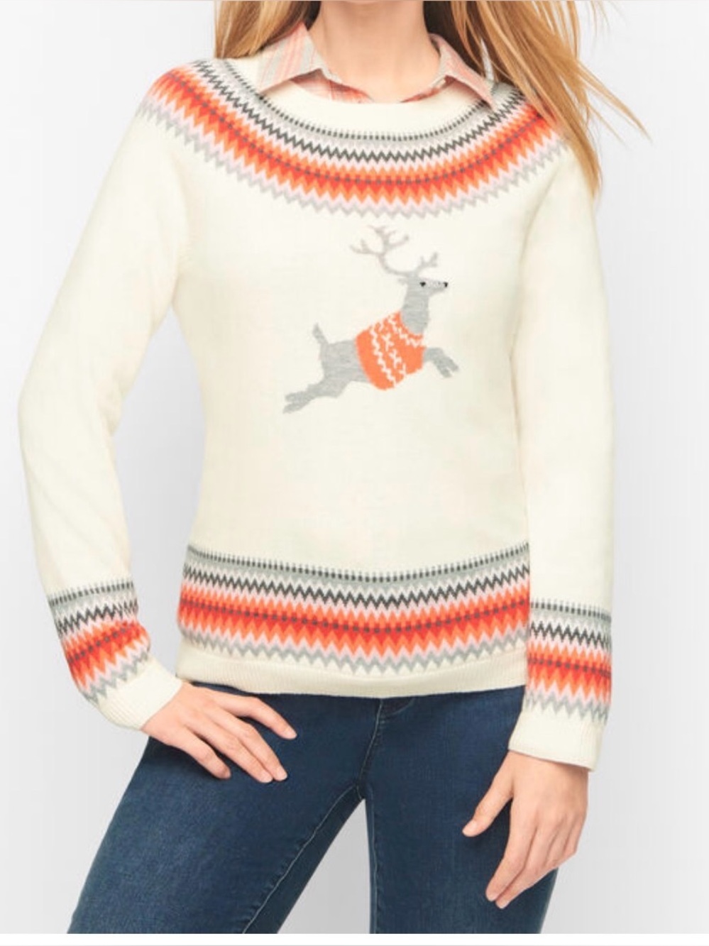Talbots Cream Fair Isle Reindeer Crewneck Sweater with Orange Accents